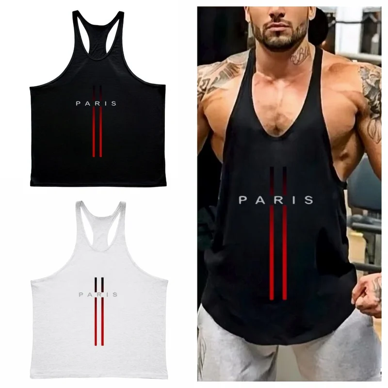 

New Men's Fitness Gym Casual Loose Fashion Paris Letter Printing Comfortable Sleeveless Vest I-shaped Outdoor Sports Vest