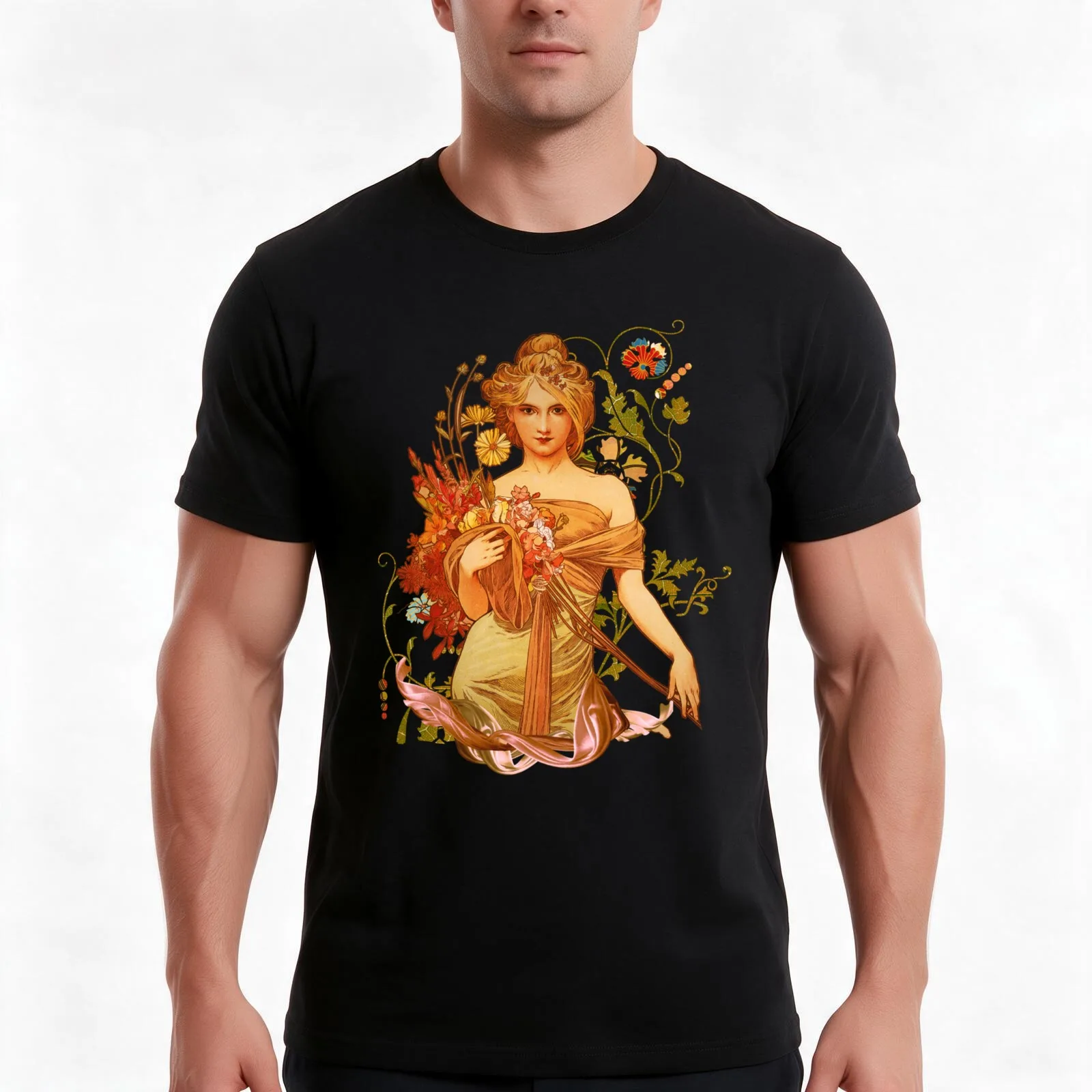 Mucha Floral Fitted . T-Shirt Summer Casual Cotton Tee, Unisex Men Women
