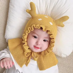 New Baby Knitted Hooded Scarf Warm Solid One Piece Scarf Hat Girls Thicken Ear Protection Hat Headgear Bonnet for Boys Girls