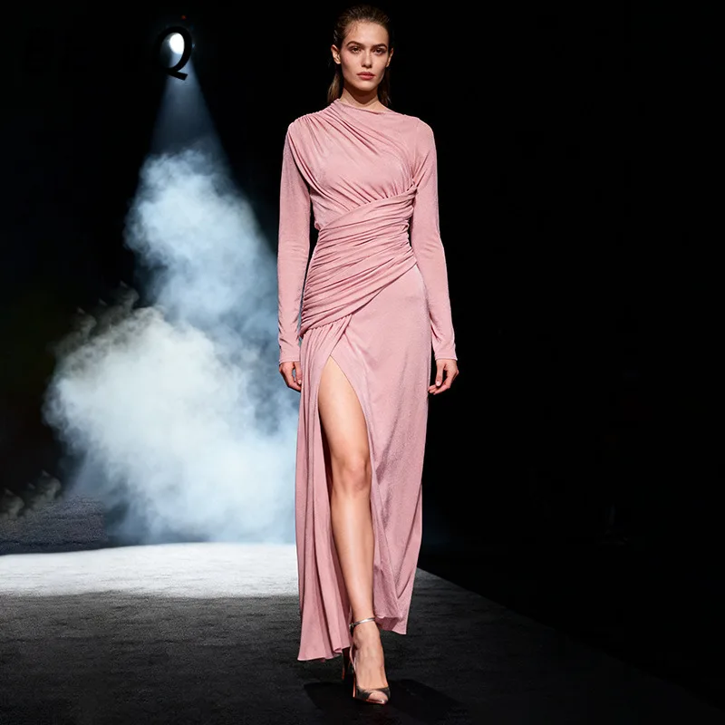 

Модное женское элегантное трикотажное платье BEWQ с круглым вырезом, длинными рукавами, плиссировкой, высоким разрезом и приталенным силуэтом для вечеринок, весна 2026, новинка