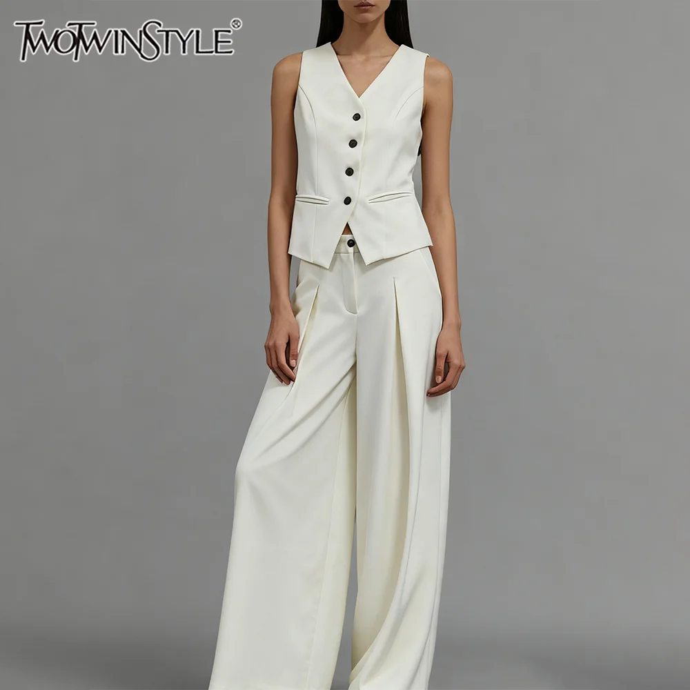 

TWOTWINSTYLE Casual Two Piece Sets for Women V Neck Sleeveless Spliced Buttons Vest High Waist Wide Leg Pant Fashion Set Female