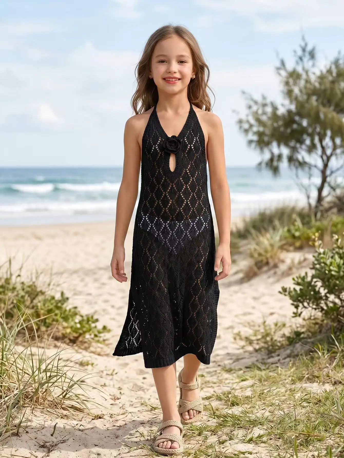 2026 Summer Girls Beach Vacation Midi Dress Cutout Tie Strap Bikini Wrap Cover Up For Kids for 6-12Y