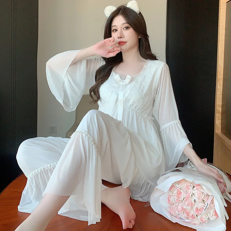 Princess Style Mesh Nightwear Long Sleeve Pajamas Suit Girl Sweet Homewear Spring Summer Pyjamas Modal Shirt&pants Loungewear