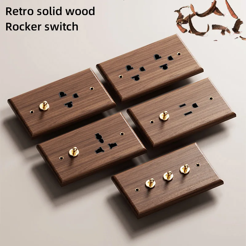 retro-walnut-wood-panel-brass-toggle-switch-eu-standard-thai-6-pin-taiwan-socket-antique-solid-wood-wall-power-receptacle