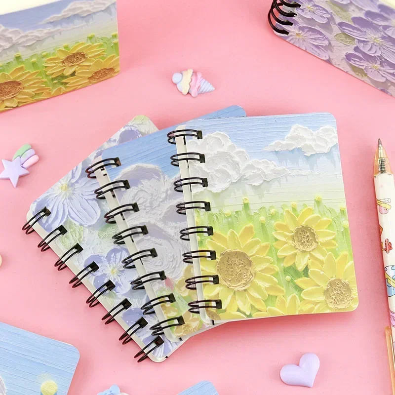 A7 Cute Flower Oil Painting Mini Coil Notebook Portable Pocket Loose Leaf Journal Planner Notebook Student Stationery Blank Page