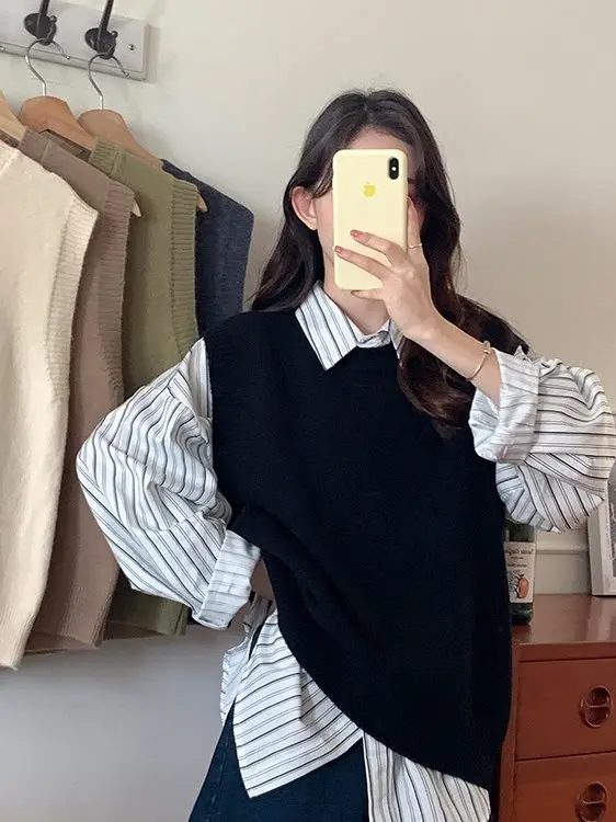 

Korean Sle Casual Sweater Vest Women Winter New Layered Knitted Sweater Jaet Thiened round Ne Stand Fit Workwear