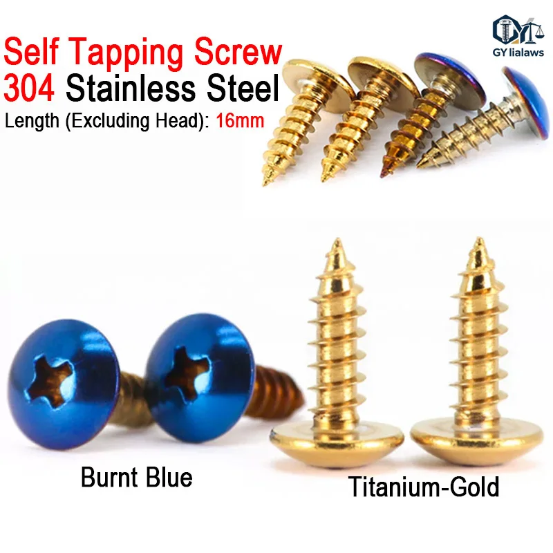 M5x16mm 304 A2 Stainless Steel Burnt Blue/Titanium‑Gold Coated Large Pan Head Self Tapping Screws for Motorcycle Modification