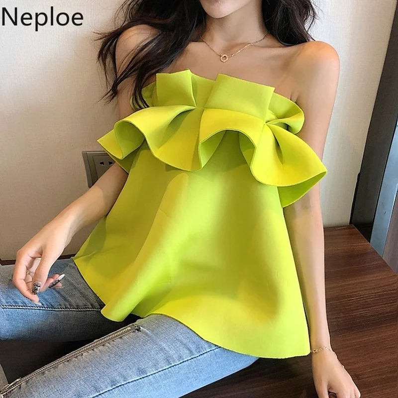 

Sleeveless Blouses Strapless Women Blusas Clothes Ruffle Y2K Tops Summer Shirt 2025 Korean Short Blouse Fashion Woman Shirts