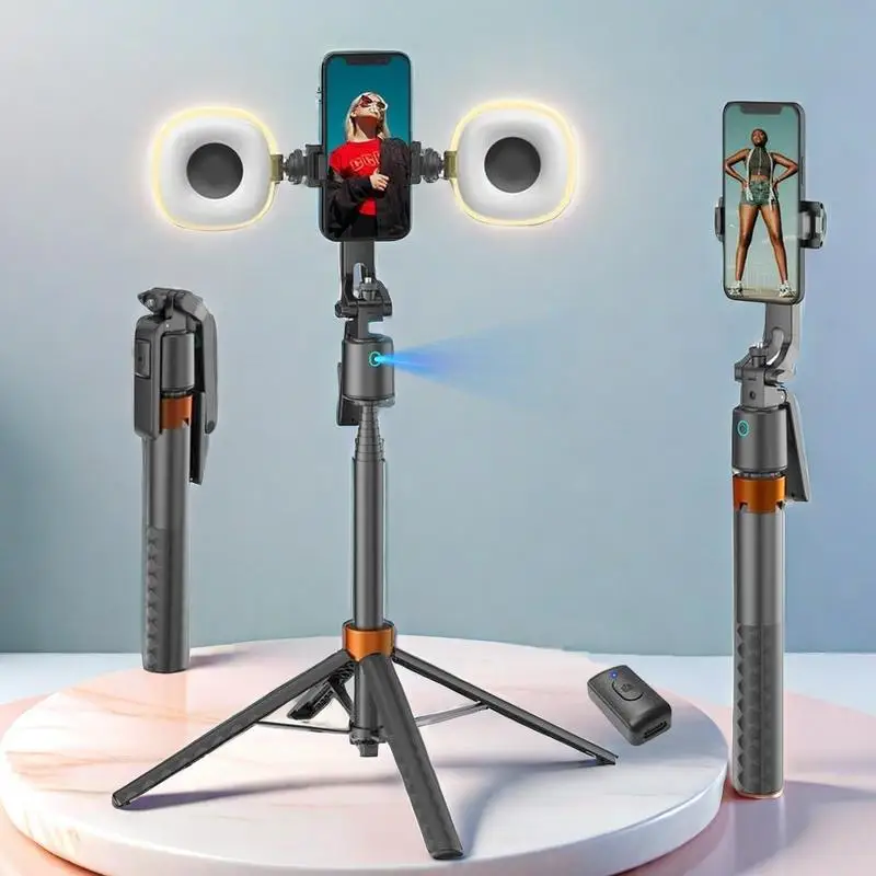 Selfie Stick Tripod Rechargeable Smart Face Tracking Tripod with 2 Fill Light Phone Holder for Live Streaming Vlog 360°Rotatable