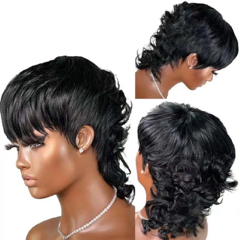 

European and American Style Wig with Side Bangs, Black Medium-Length Curly Hair