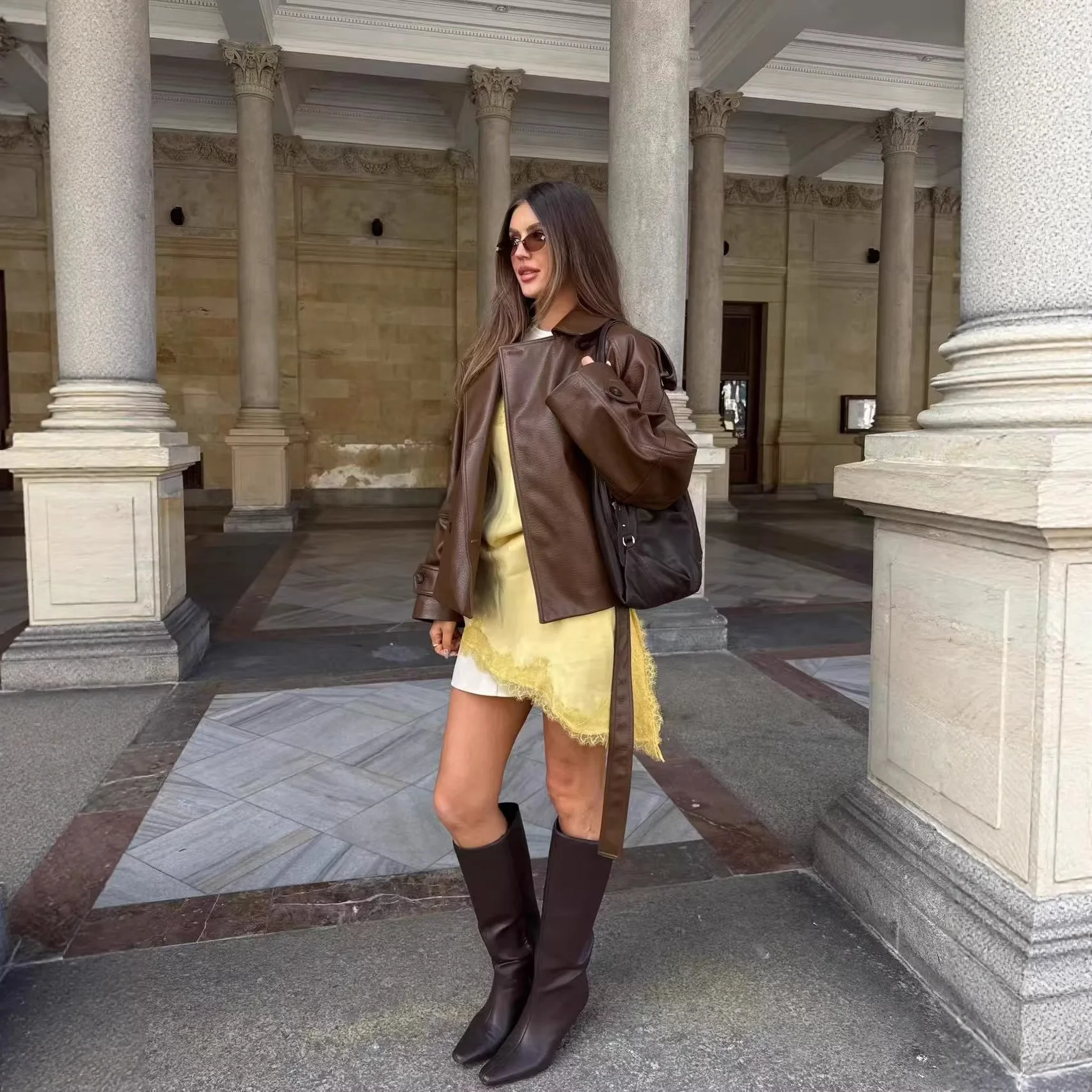 

Women's Fashion Casual Jacket Short Coat Women Brown Leather Jacket With Yellow Lace Trim Mini Dress Street Style Outfit QUNQ