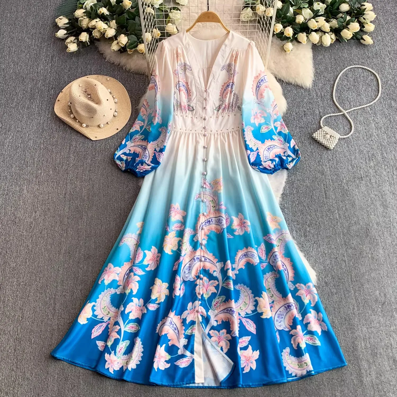

Elegant Long Sleeve Floral Maxi Dress For Women Vintage Spring V Neck Beading Slim Waist Bohemian Holiday Party Vestidos