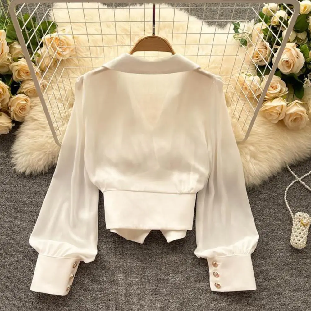 Vrouwen Blouse Stijl Revers V-Hals Poff Mouw Shirt Onregelmatige Zoom Effen Kleur Top Voor Vrouwen Elegante Knoop Decor Blouse Effen