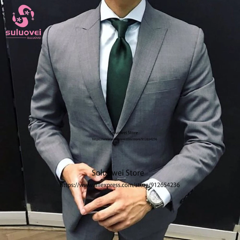 

Fashion Business Slim Fit Suits For Men 2 Piece Jacket And Pants Set Male Office Blazer Formal Groom Wedding Peaked Lapel Tuxedo