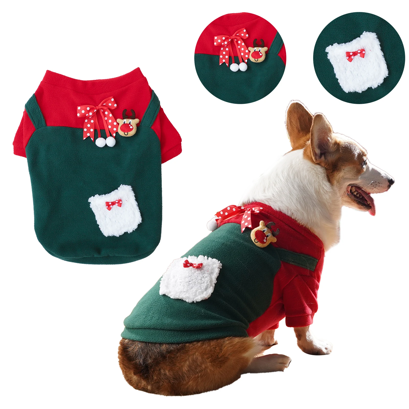 #S-3XL Puppy Christmas Costume Fall Winter Polar Fleece Warm Clothes Santa Claus Bow Elk Cute Cothing for Pet Dogs and Cats