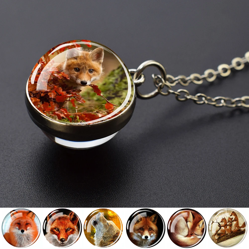 Lovely Red Fox Necklace for Women Men Cute Animal Double Side Glass Ball Pendant Alloy Chains Necklaces Fashion Jewelry Gifts