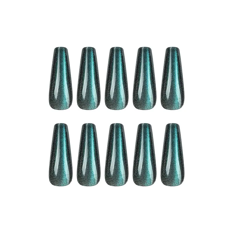 24pcs wearable lake blue cat eye manicure long starry sky glitter fake nails