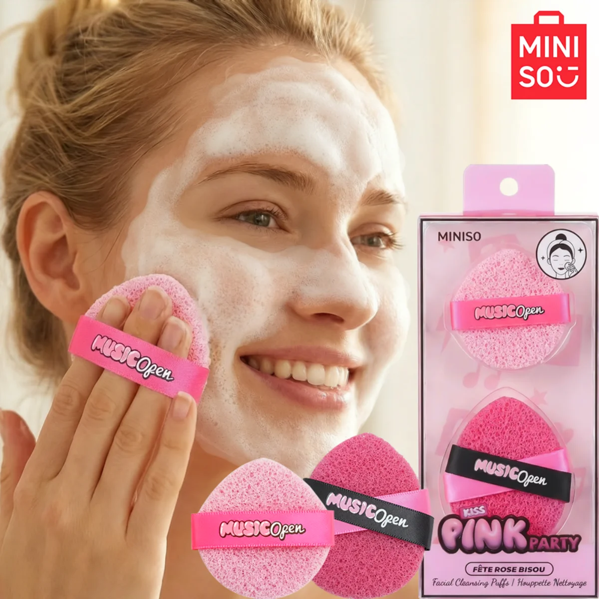 Combinaison de bouffées de poudre série MINIISO PinkParty avec 2 Pores pour un nettoyage fin et respectueux de la peau, maquillage facile à enlever