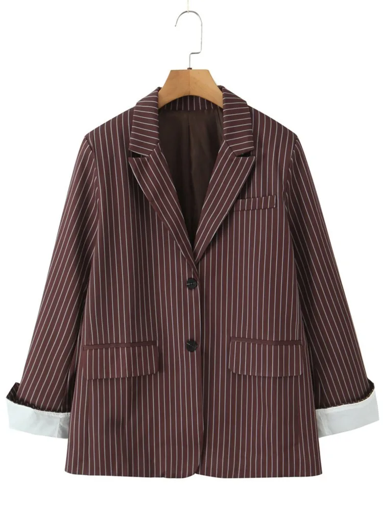 ファッションカジュアルストライプブレザーコート女性用ルーズ長袖ポケットショルダーパッドシングルブレストスーツアウターウェア2025新作秋