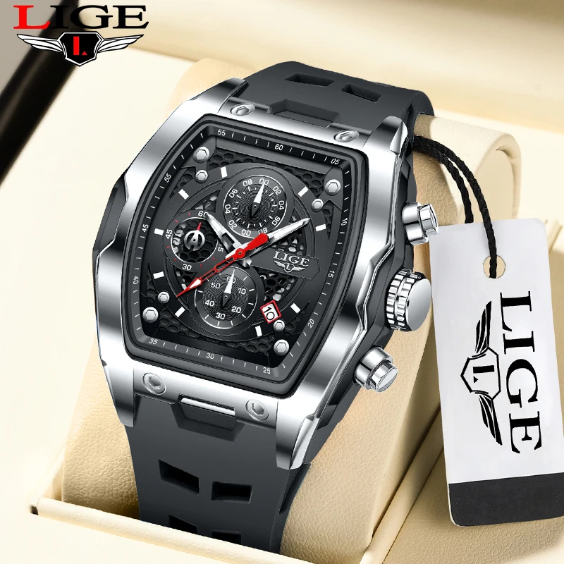 

LIGE Outdoor Fashion Quartz Man Watch Square Silicone Strap Waterproof Casual Sports Hollow Luxury Luminous Watches for Men Gift