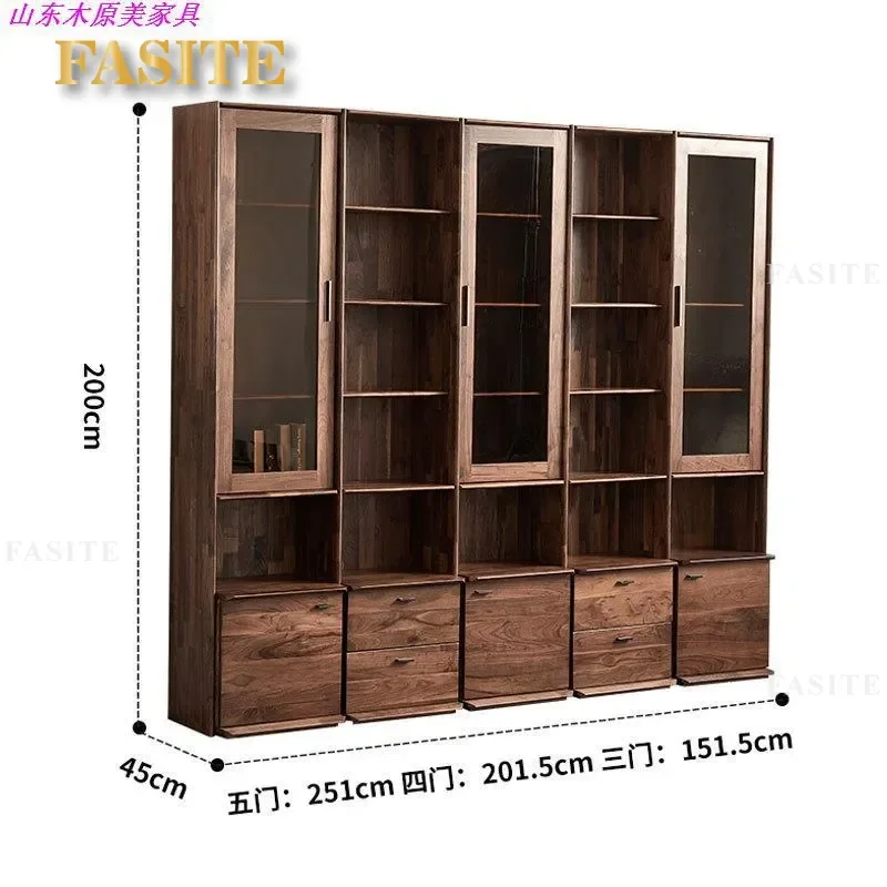 For North American Black Walnut Solid Wood Bookcase with Glass Door Modern Simple Study Office Furniture Log Style Storage