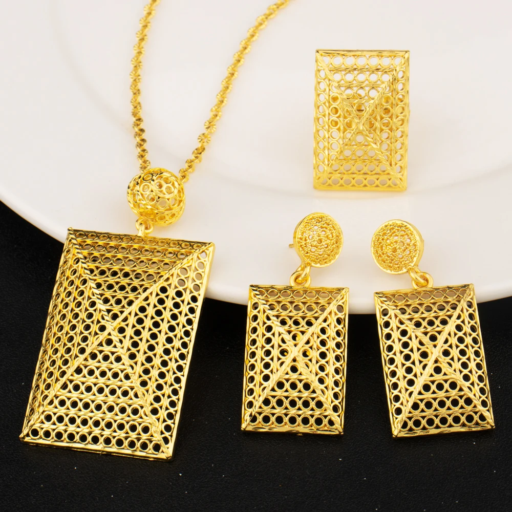 

New Dubai African Jewelry Set for Women Party Gifts Wedding Accessories 24K Gold Color Necklace Ring Earrings Ethiopian Jewelry