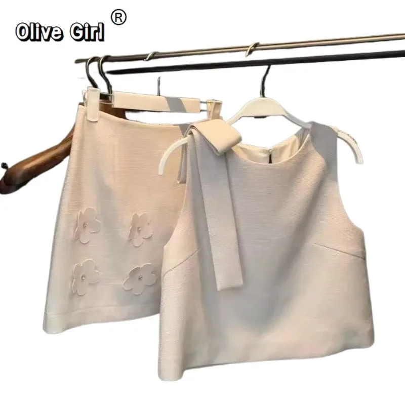 Olivegirl Women Bowknot Vest Short Skirt Set Summer New High End Sleeveless Top Loose Casual White Two Piece Set Women Outfits