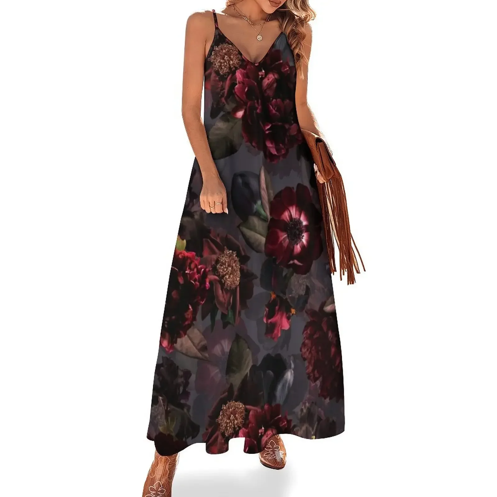 

Dark Purple Gray Midnight Roses Botanical Night Garden Sleeveless Dress Women's long dress prom dress 2024