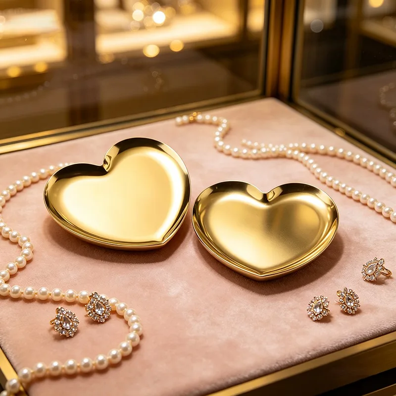 2pcs Elegant Metal Jewelry Heart-Shaped Tray Set Ins High-Value Stainless Steel Plate Suitable for Desktop Jewelry