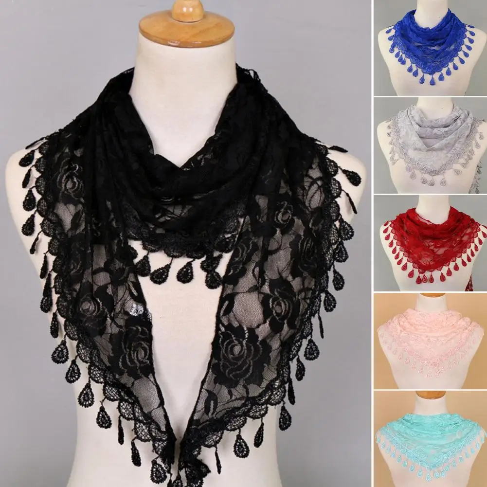 

Women Wrap Durable Lace Tassel Triangle Head Wrap Solid Color Triangle Scarf