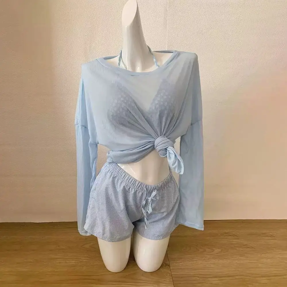 Casual Lace-up Women's Swimwear Set Beachwear Mesh Transparent Long Sleeve Swimsuit Loose Sun Protection Bathing Suit Party