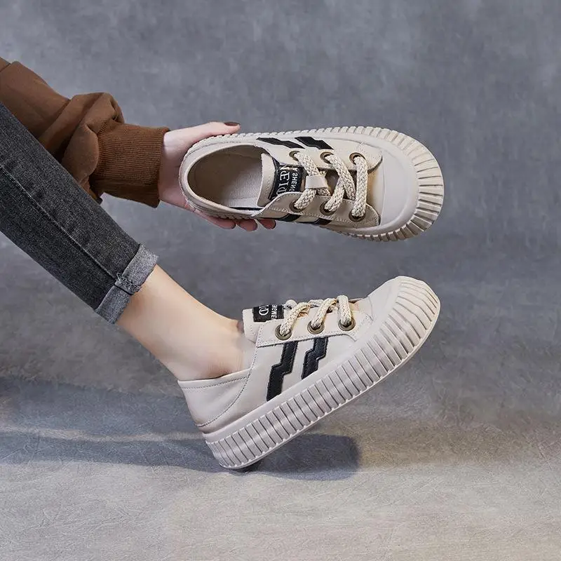

Casual Knot-Tied Leather Shoes Women's Thick Bottomed Flat Footwear Daily Wear round Toe Rubber Sole Water-Dyed Pigskin