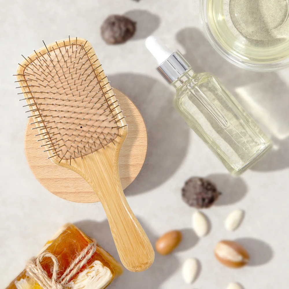 Haarbürste mit Bambusgriff, Stahlnadel, Zähne, Kopfhautmassage, Entwirrungsbürste für die tägliche Haarpflege – Detail 2