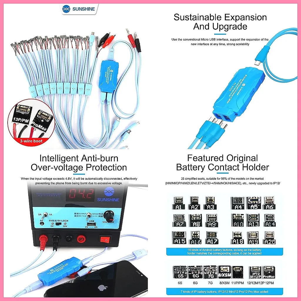 SUNSHINE SS-905D V9.0 DC Power Cable for iPhone 6G-16 Pro Max, Android Boot Control & Current Test Line
