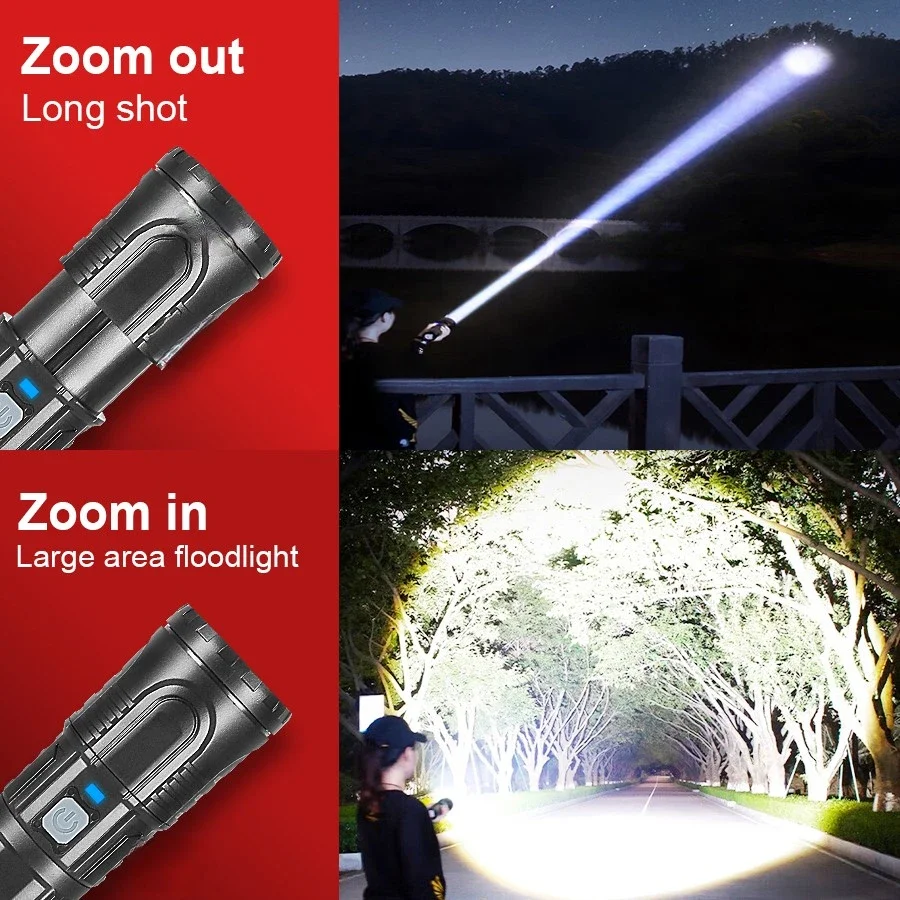 Draagbare LED-zaklamp 90000LM Oplaadbare verlichting Superheldere zaklamp Zoom Shot Lange ingebouwde batterijzaklamp voor kamperen