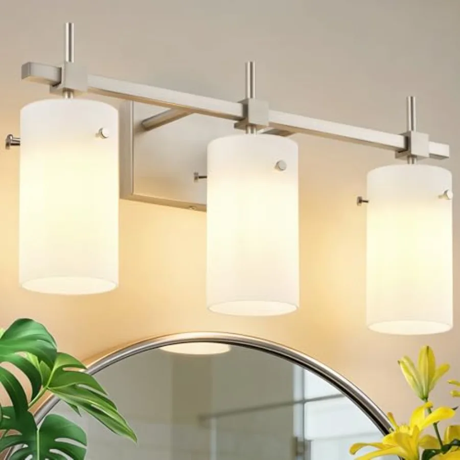 

Brushed Nickel Bathroom Light Fixtures, 3-Light Modern Vanity Light Over Mirror, Wall Sconces with Milky White Frosted Glass Sh