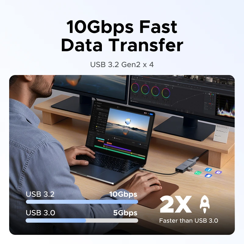 UGREEN DisplayPort USB HUB Type-C إلى DP 4K60 هرتز 10 جيجابت في الثانية منافذ بيانات USB-A/C PD100W شحن لأجهزة الكمبيوتر المحمول MacBook Samsung Dell Lenovo