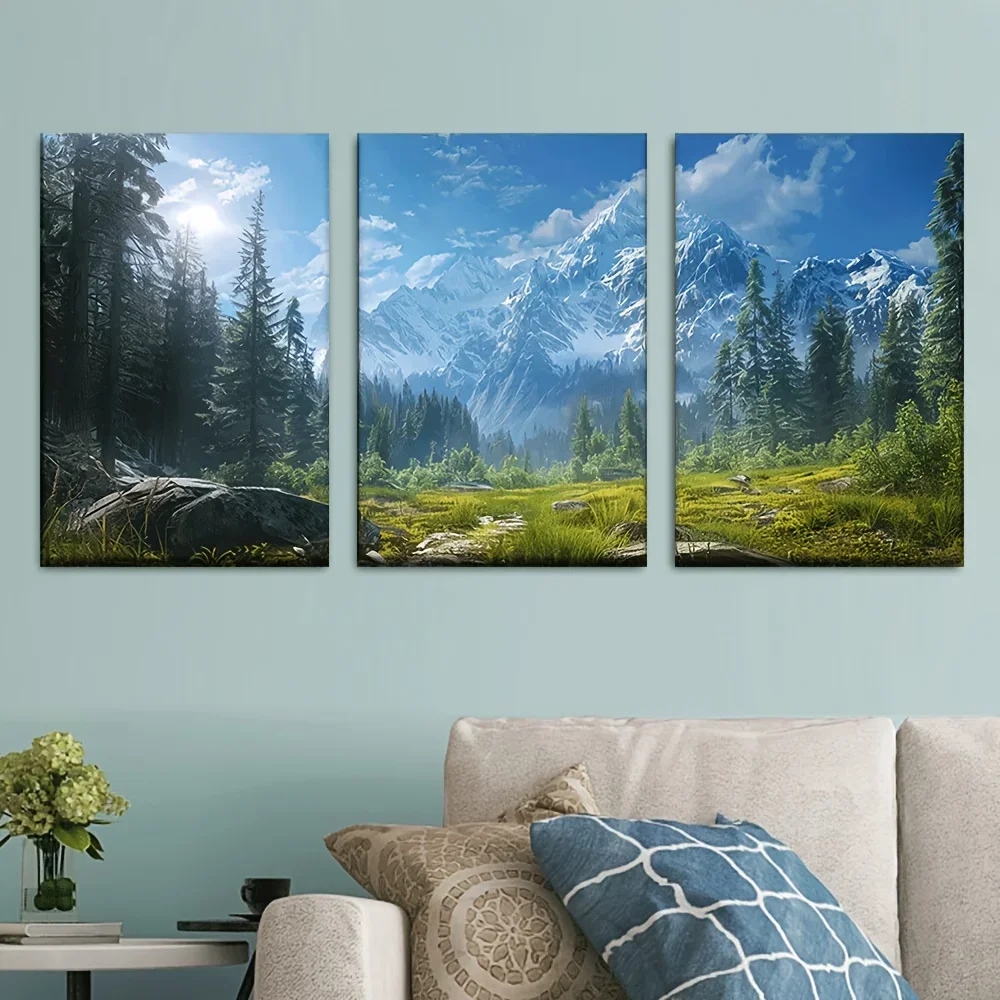 3pcs/set, Canvas Painting--Unframed, Snow-capped Mountains and Grasslands, Decorative Hanging Ornament, Living Room, Library,