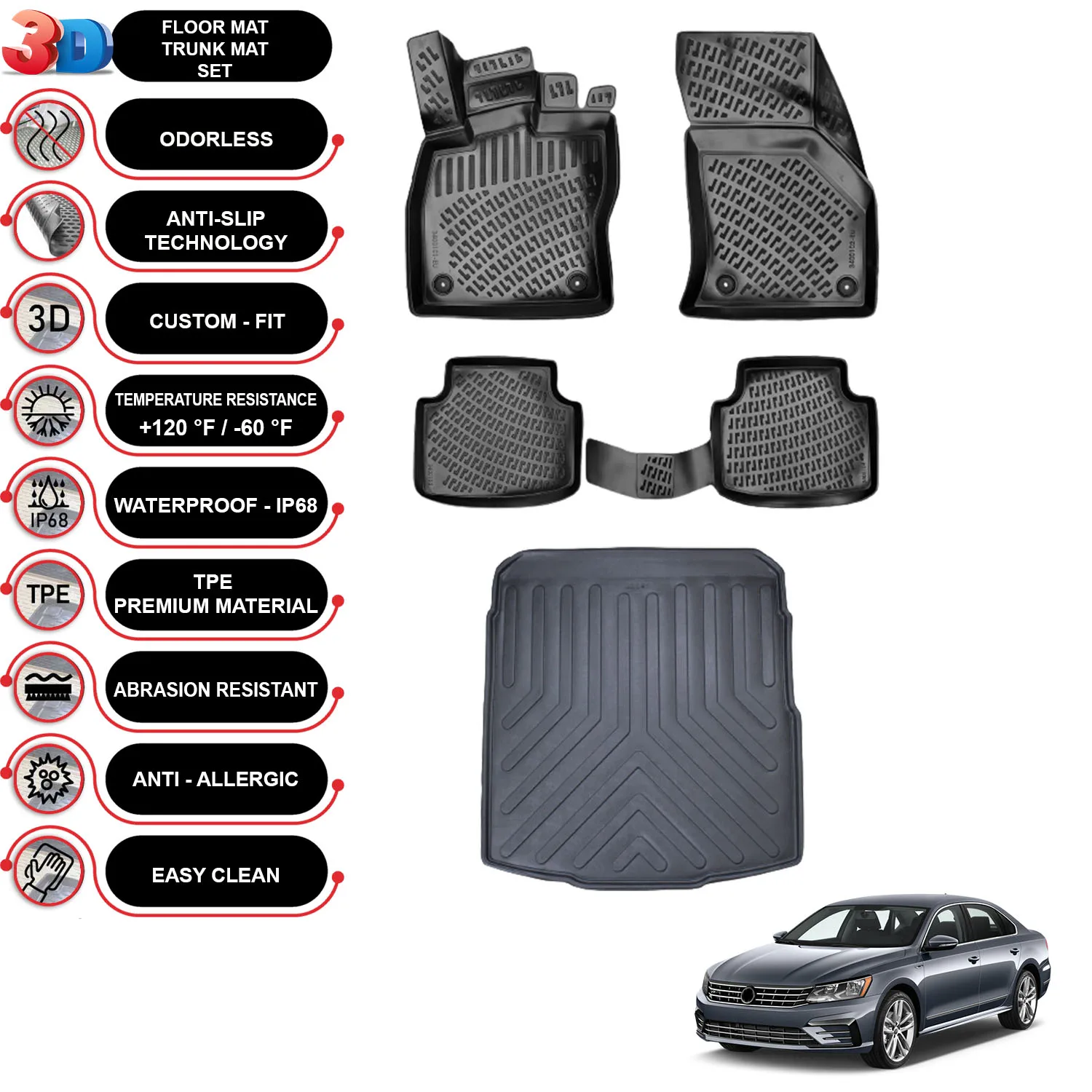 Volkswagen Passat B8/8.5 Sedan - (2015-2022) - Floor Mats + Cargo Trunk Liner - SET