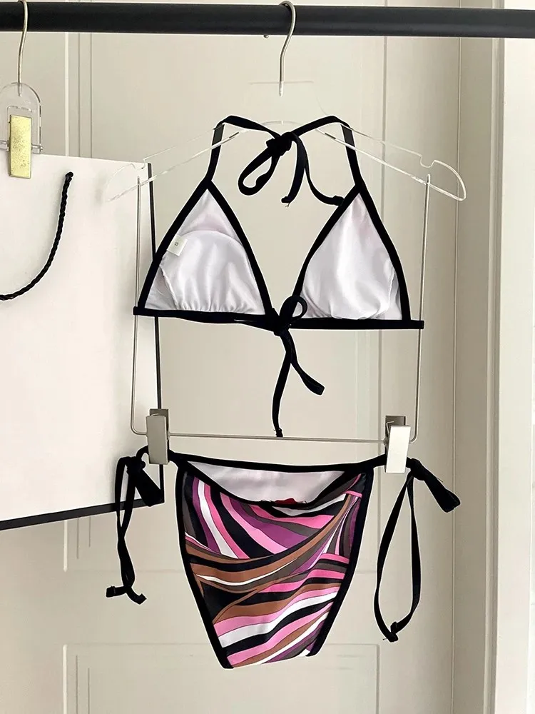 Summer Fashion Beach Style Sexy Vintage Geometric Print Bikini Set Women's Spaghetti Strap Ultrashort Tops+Low-waist Slim Shorts