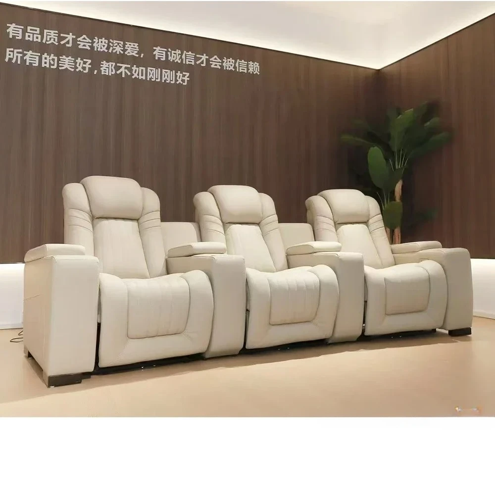 Luxury Recliner Genuine Leather Sofa Chair for Home Theater with Footrest and Cup Holders, Modern Electric Power Reclining Seat