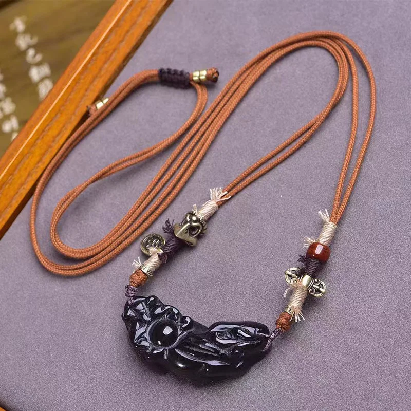 

Natural Agate Medicine Pixiu Dzi Bead Pendant Sweater Chain Backflow Bone Accessory Handmade Braided Rope Necklace