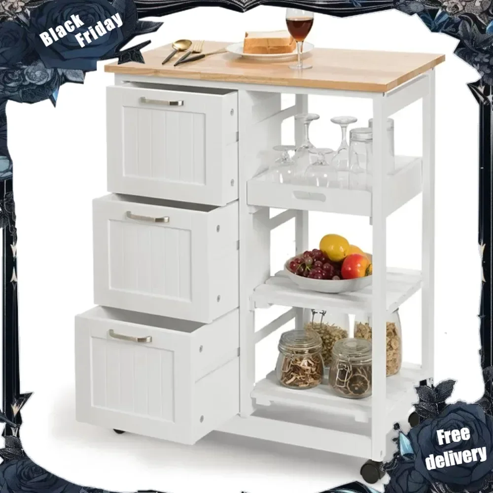 

Kitchen Island Cart, Home Bar Serving Cart, Kitchen Trolley with 3 Large Drawers, Storage Shelf and 3 Tier Shelves