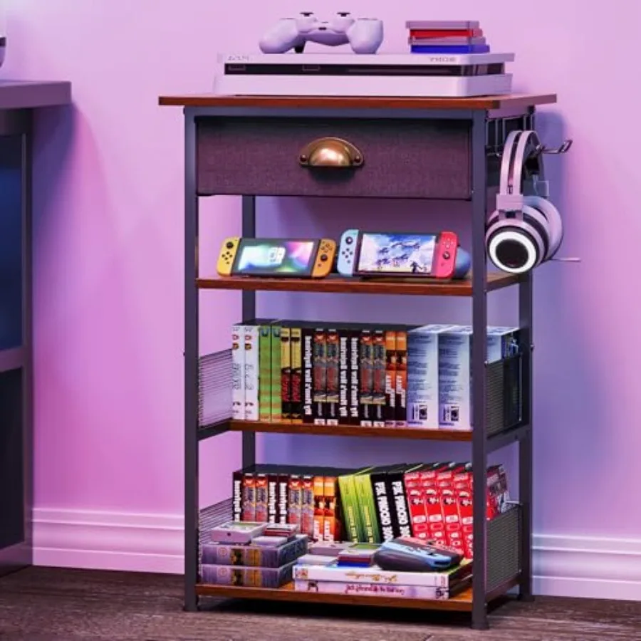 4-Tier AV Media Stand with Drawer Video Game Console Shelf with 2 Hooks Audio Rack Tower Perfect for/Xbox/ PS5/Switch/Game Cons