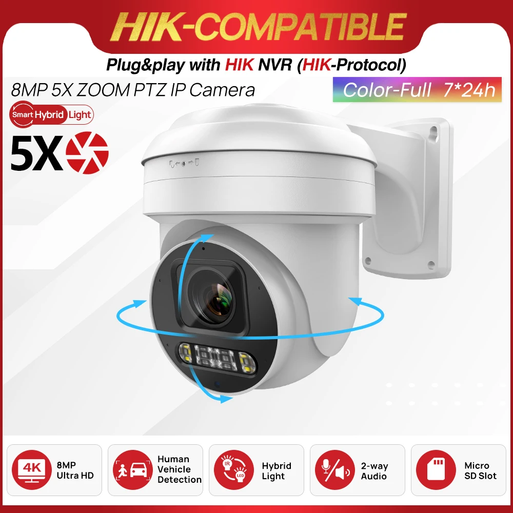 Summer Sale Hikvision Compatible 8MP ColorVu PTZ IP Camera 5X Zoom Hybrid Light 2-way Audio SD Card slot Network CCTV Camera