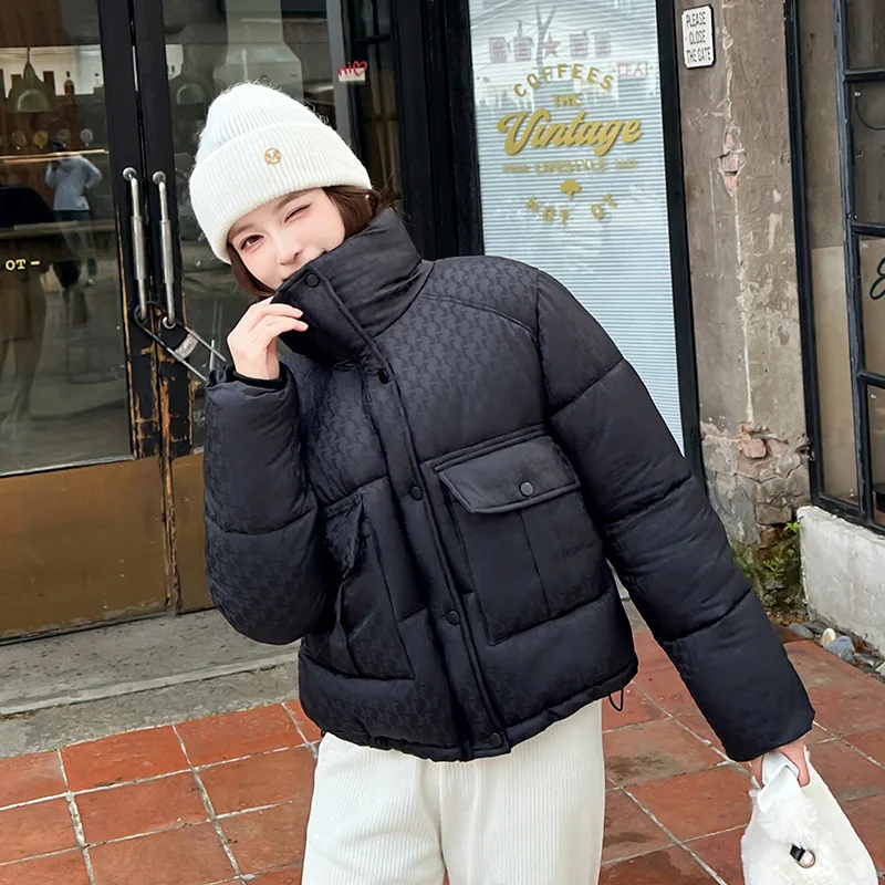 Parkas Coat Women Solid Short Jacket Pocket Drawstring Zipper Stand Collar Long Sleeve Loose Fit  Office Lady Casual 2025 Winter