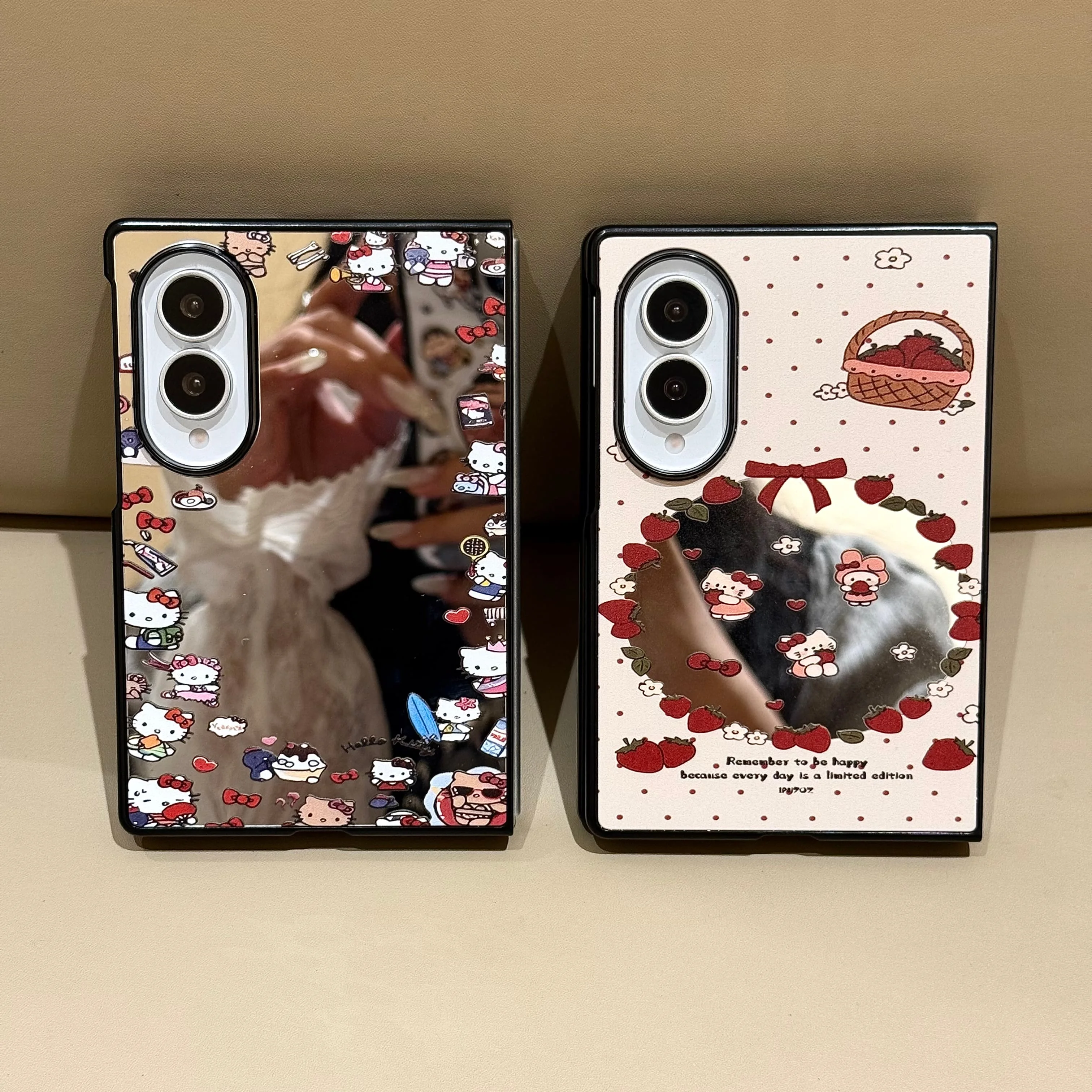 Cute Kitty Strawberry Print Mirror Phone Case Pink Bow Beaded Wrist Strap Shockproof Cover For Samsung Galaxy Z Fold 8 7 6 5