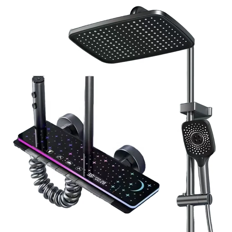 

Aluminium Gray Thermostatic Shower Faucet Set Smart Digital Display Bathroom Tap System Hot Cold Rain Apartments Polished