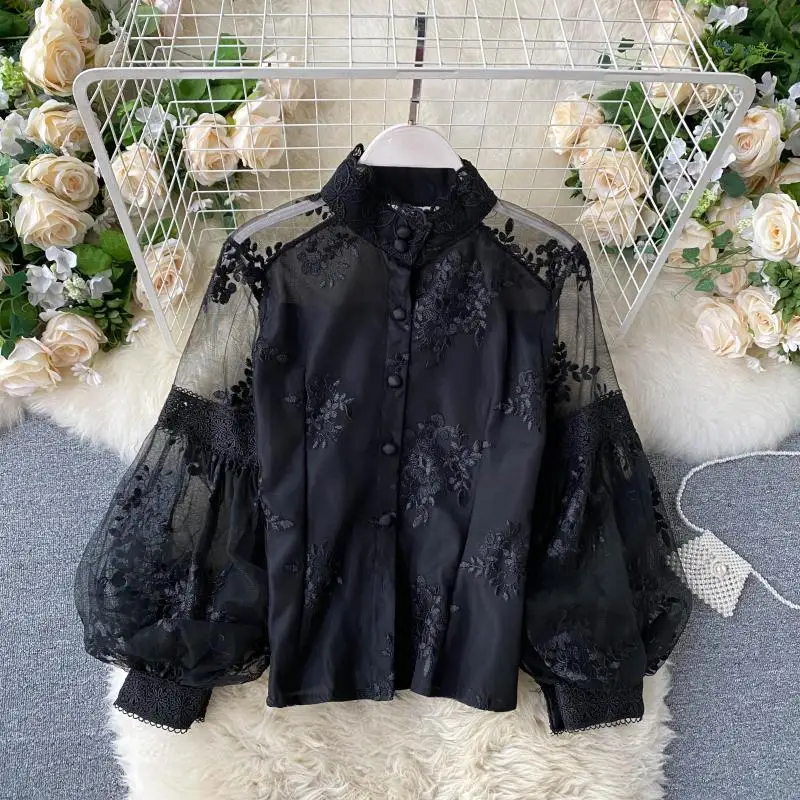 Elegant Sexy puff lool sleeve Three-dimensional flower mesh lace Blouse Chic Pullover Vintage Shirt  Korean Women Summer Top