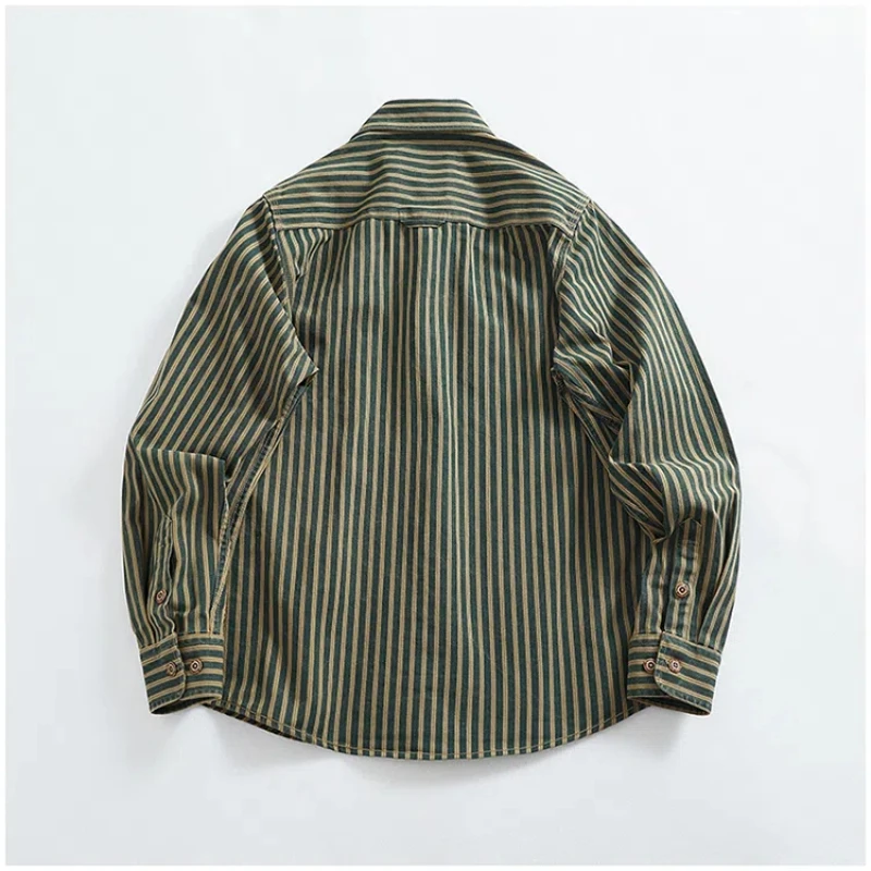 

Old Blue Vertical Stripe Denim Shirt Men's Clothing Loose American Long-sleeved Overalls Shirt Coat